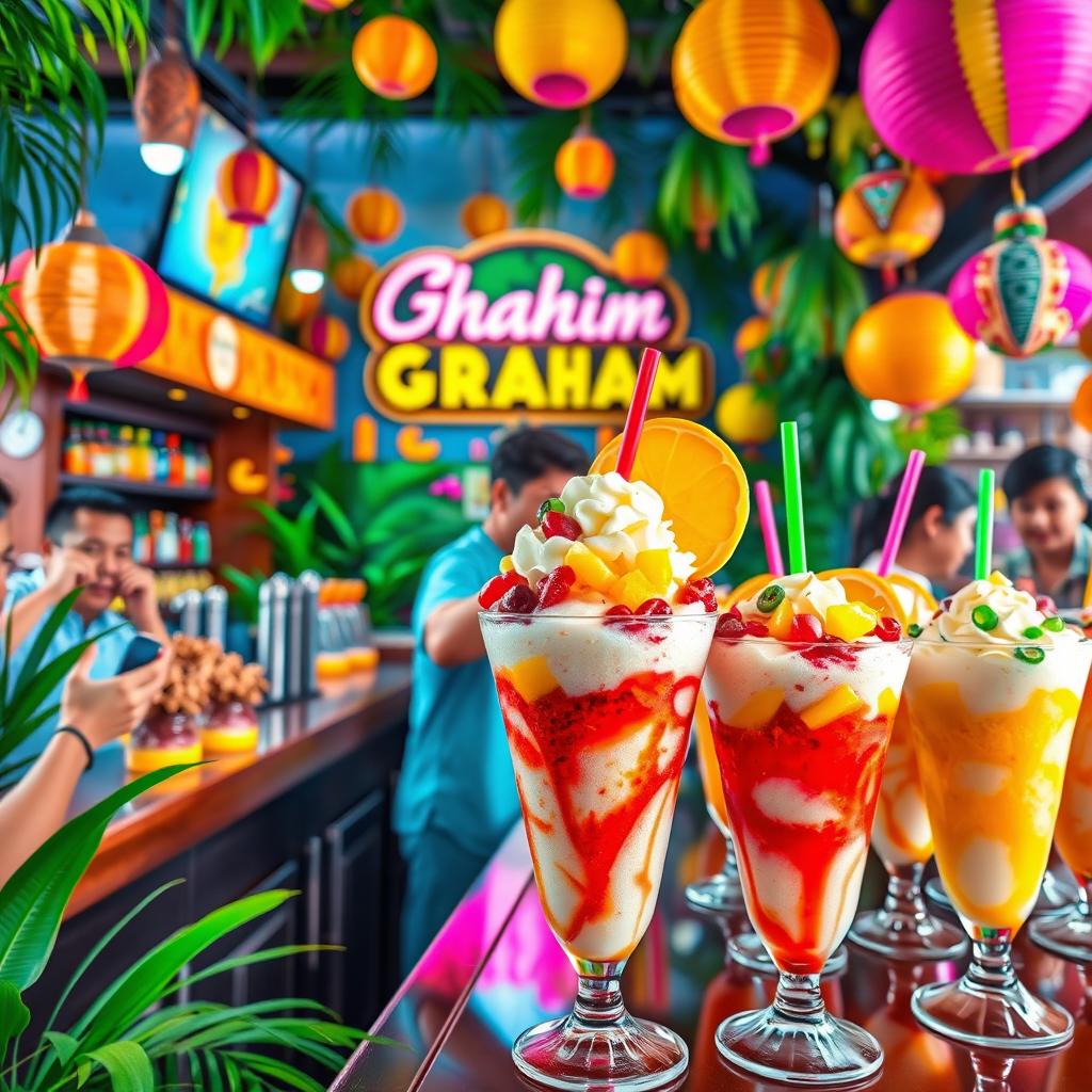 A vibrant and colorful scene depicting a bustling Graham bar with a focus on delicious halo-halo desserts