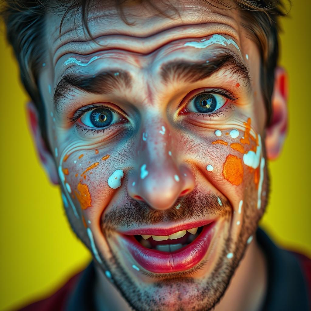 Close-up portrait of a man with glue smeared on his face, showing his expressions and texture of the glue