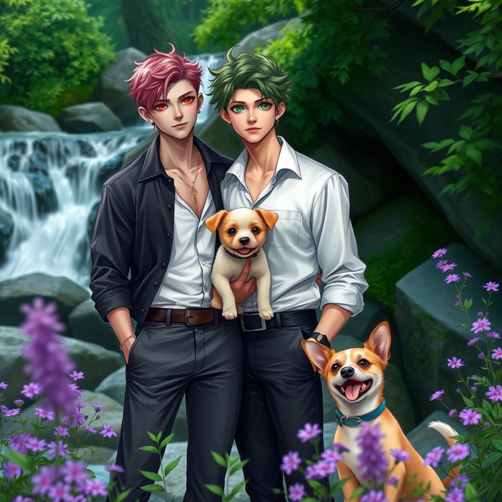 A beautifully detailed scene featuring a gay couple in a lush green natural setting