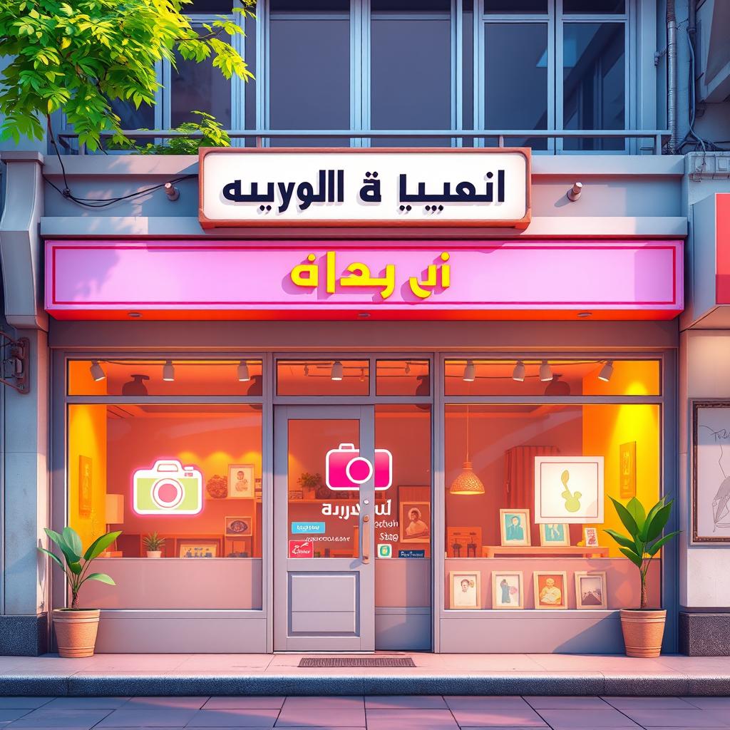 An animated horizontal view of a photography studio with the sign 'آتلیه ی عکاسی' prominently displayed above the shop 'نقوی'