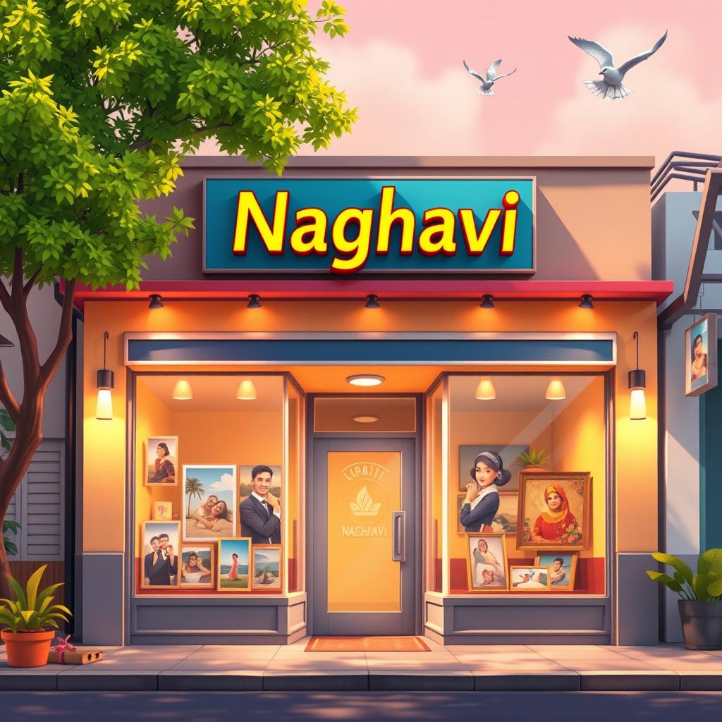 A vibrant and colorful animation of a photography studio named 'Naghavi' displayed prominently above the shop