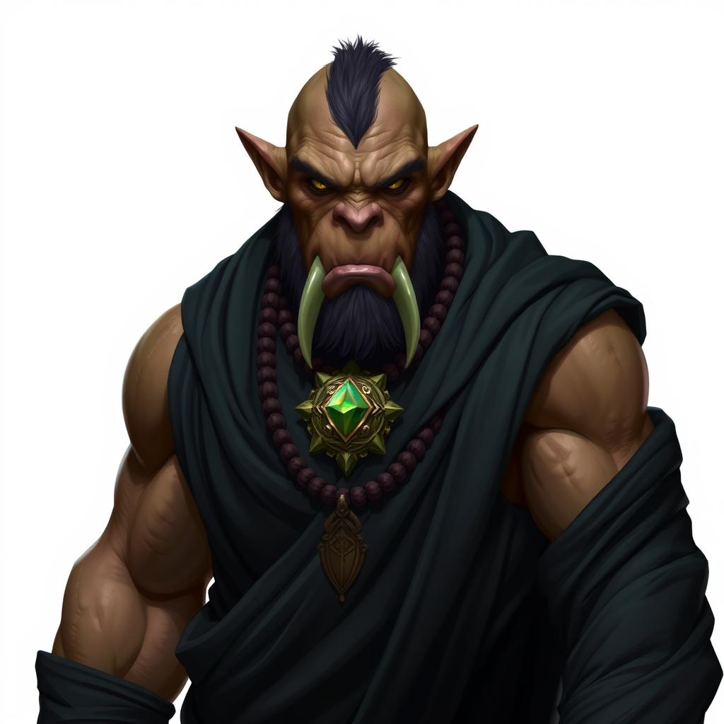 A menacing orc dressed in a flowing black robe, emphasizing his rugged features and powerful physique