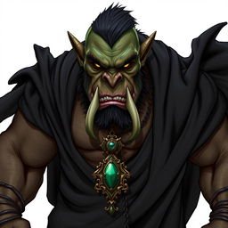 A menacing orc dressed in a flowing black robe, emphasizing his rugged features and powerful physique