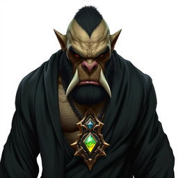 A menacing orc dressed in a flowing black robe, emphasizing his rugged features and powerful physique