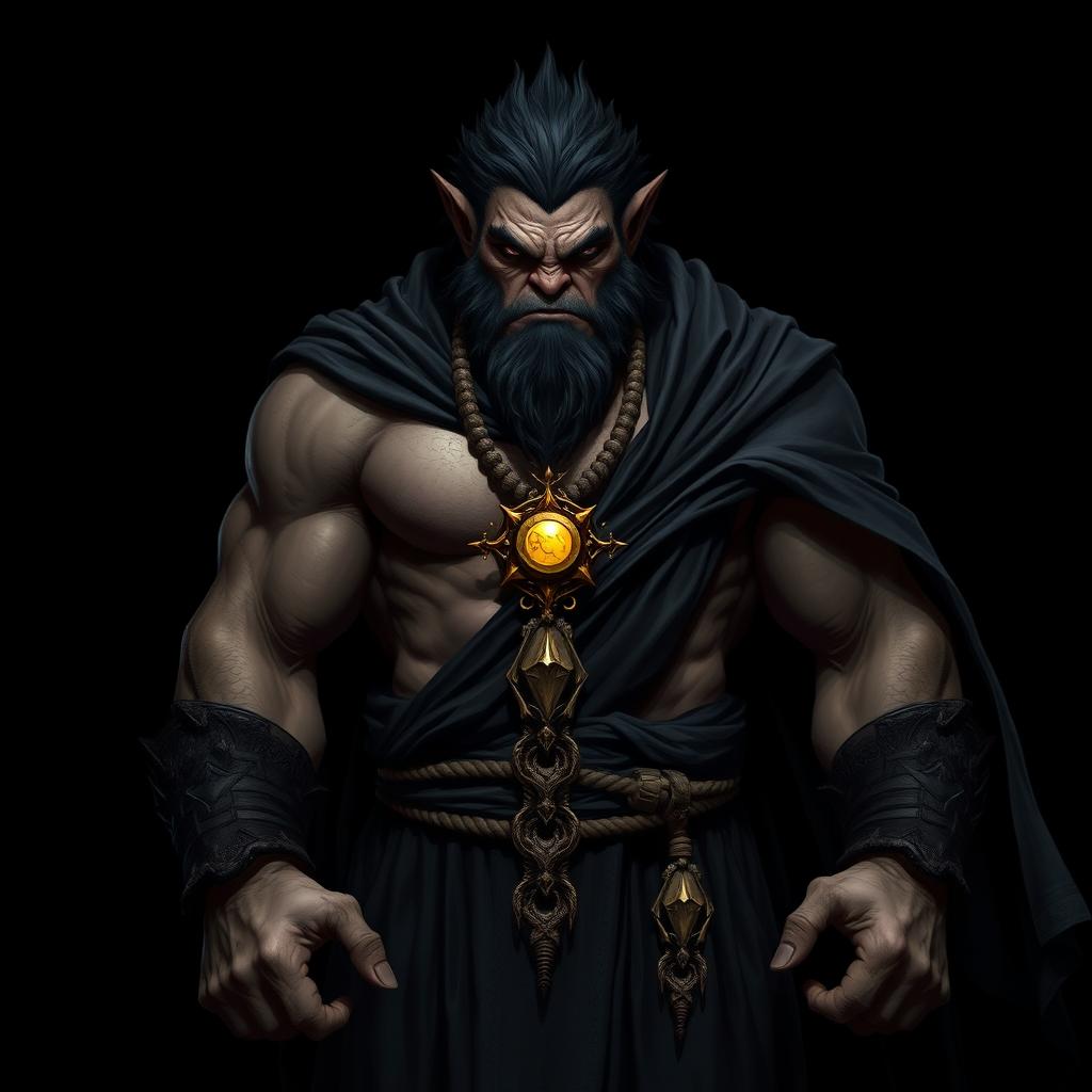 A fierce orc barbarian clad in a flowing black robe, showcasing his muscular physique and powerful presence