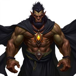 A fierce orc barbarian clad in a flowing black robe, showcasing his muscular physique and powerful presence