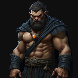 A fierce orc barbarian clad in a flowing black robe, showcasing his muscular physique and powerful presence