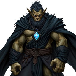 A fierce orc barbarian clad in a flowing black robe, showcasing his muscular physique and powerful presence