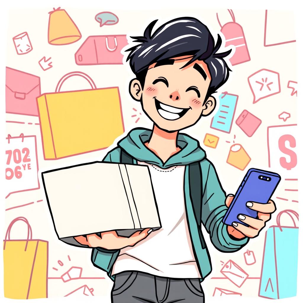 A cartoon-style illustration of a cheerful young man standing with a box package in one hand and a smartphone in the other