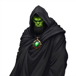 A striking orc barbarian enveloped in a flowing black robe, showcasing his muscular and rugged appearance
