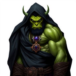 A striking orc barbarian enveloped in a flowing black robe, showcasing his muscular and rugged appearance