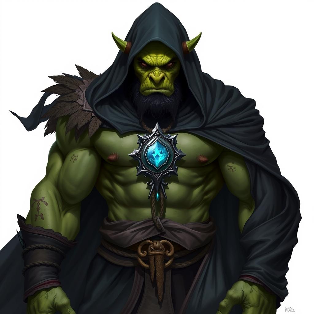 A striking orc barbarian enveloped in a flowing black robe, showcasing his muscular and rugged appearance