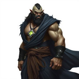 A powerful orc barbarian clad in a flowing black robe, showcasing his muscular form and fierce demeanor