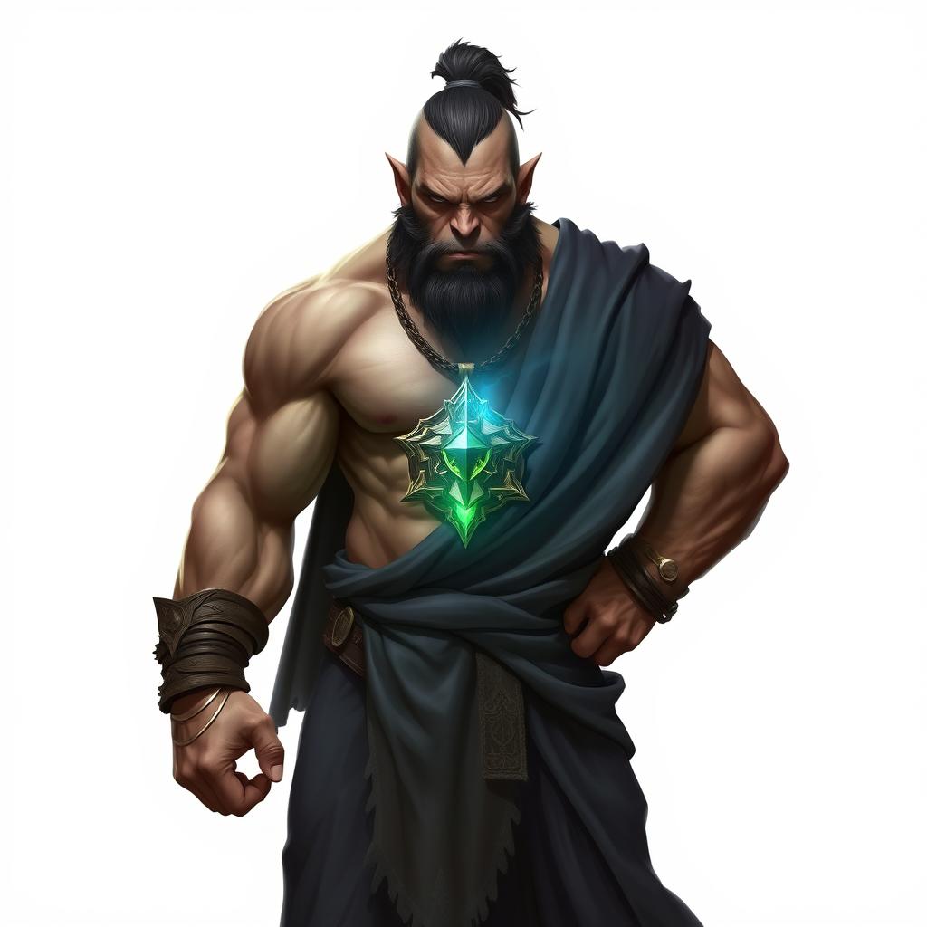 A powerful orc barbarian clad in a flowing black robe, showcasing his muscular form and fierce demeanor