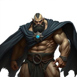 A powerful orc barbarian clad in a flowing black robe, showcasing his muscular form and fierce demeanor