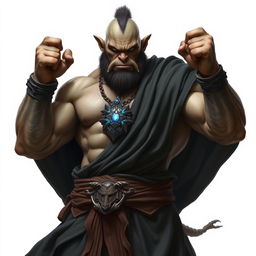 A powerful orc barbarian clad in a flowing black robe, showcasing his muscular form and fierce demeanor