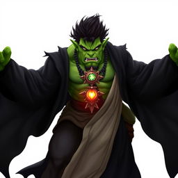 A powerful orc barbarian with vibrant green skin, dressed in a flowing black robe that accentuates his muscular build