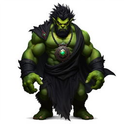 A powerful orc barbarian with vibrant green skin, dressed in a flowing black robe that accentuates his muscular build