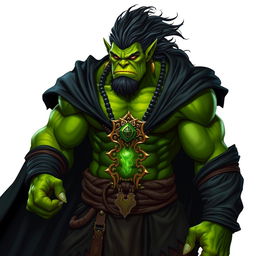 A powerful orc barbarian with vibrant green skin, dressed in a flowing black robe that accentuates his muscular build