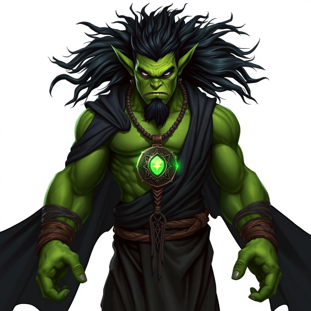 A powerful orc barbarian with vibrant green skin, dressed in a flowing black robe that accentuates his muscular build