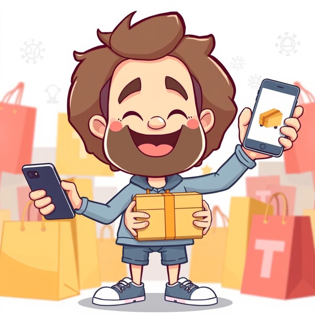 A cartoon character of a man with an oversized head and a small body, enthusiastically holding a package box in one hand and a smartphone in the other, depicting the concept of online shopping