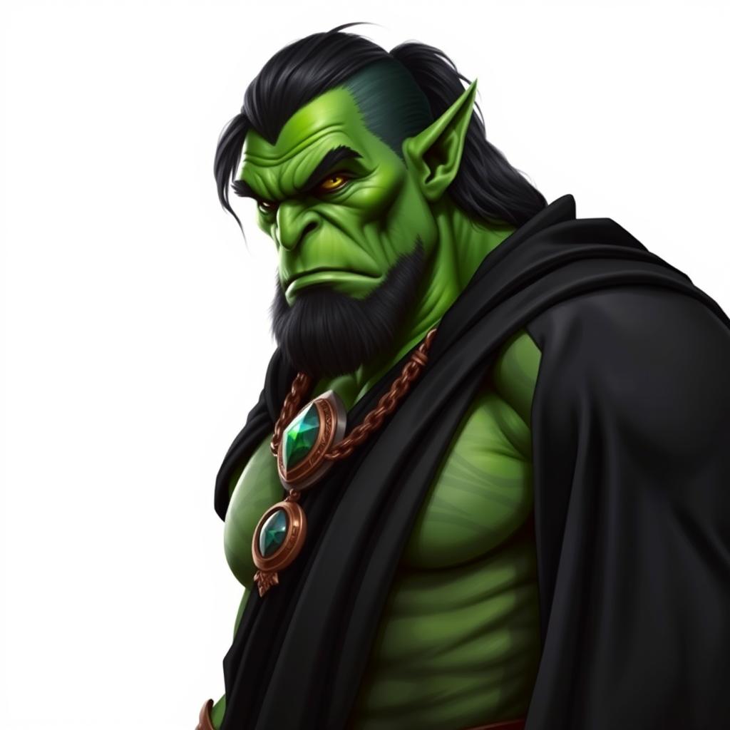 A formidable orc barbarian with vibrant green skin, dressed in an elegant flowing black robe that emphasizes his muscular physique