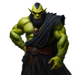 A formidable orc barbarian with vibrant green skin, dressed in an elegant flowing black robe that emphasizes his muscular physique