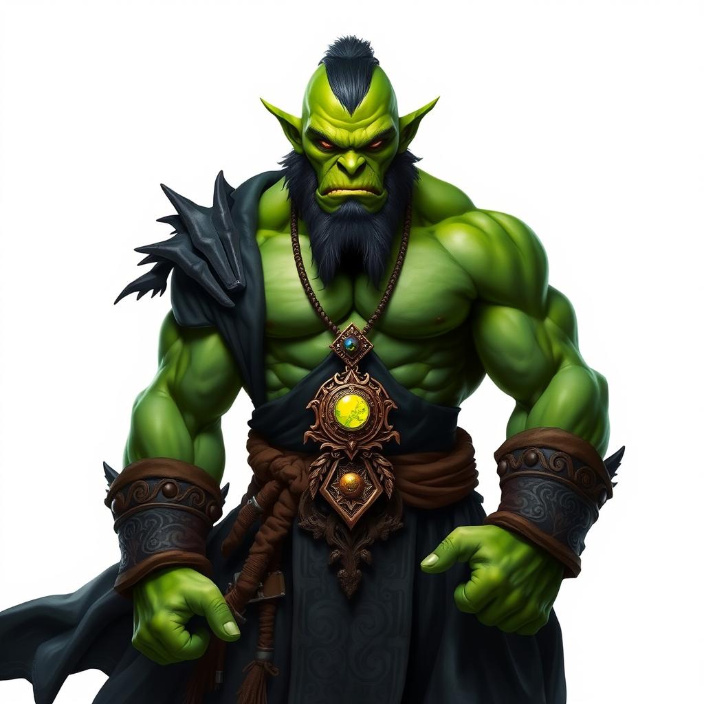 A fierce orc barbarian with vibrant green skin, elegantly dressed in a black robe that flows dramatically around his muscular figure