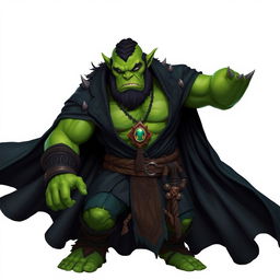 A fierce orc barbarian with vibrant green skin, elegantly dressed in a black robe that flows dramatically around his muscular figure