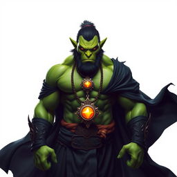 A fierce orc barbarian with vibrant green skin, elegantly dressed in a black robe that flows dramatically around his muscular figure