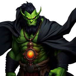 A fierce orc barbarian with vibrant green skin, elegantly dressed in a black robe that flows dramatically around his muscular figure