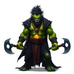 A fierce orc barbarian with vibrant green skin, dressed in a dramatic black robe that flows around his powerful physique