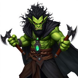 A fierce orc barbarian with vibrant green skin, dressed in a dramatic black robe that flows around his powerful physique