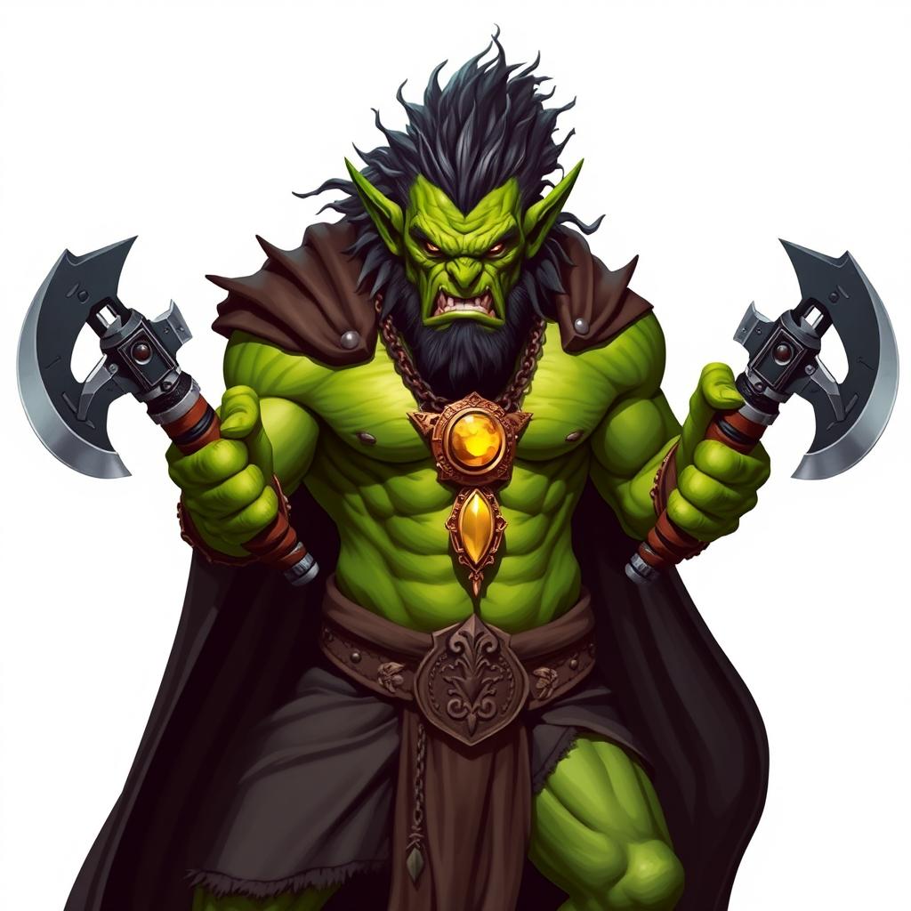 A fierce orc barbarian with vibrant green skin, dressed in a dramatic black robe that flows around his powerful physique