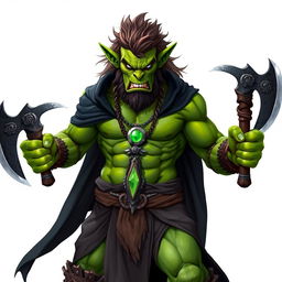 A fierce orc barbarian with vibrant green skin, dressed in a dramatic black robe that flows around his powerful physique