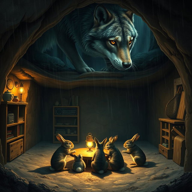 A highly realistic digital painting of an underground house where three small baby rabbits are sitting around a wooden table, playing together