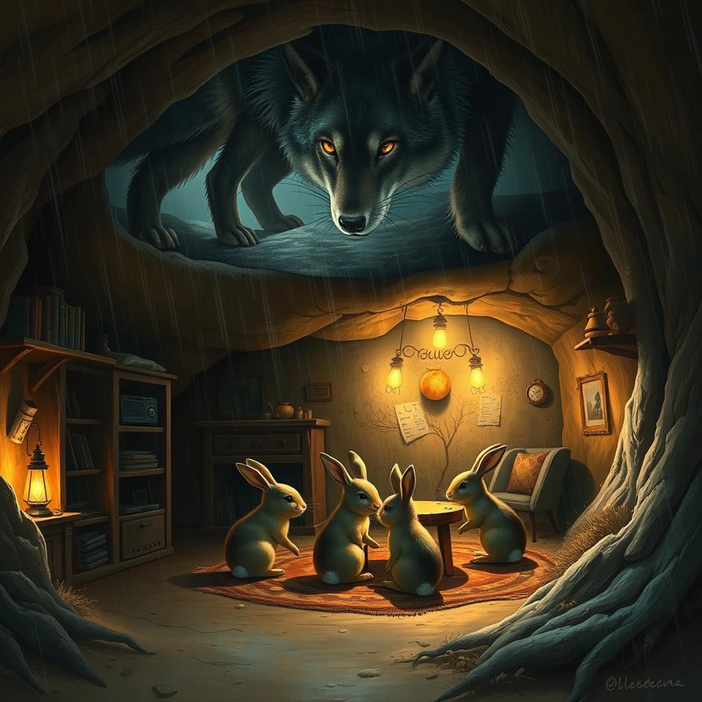 A highly realistic digital painting of an underground house where three small baby rabbits are sitting around a wooden table, playing together
