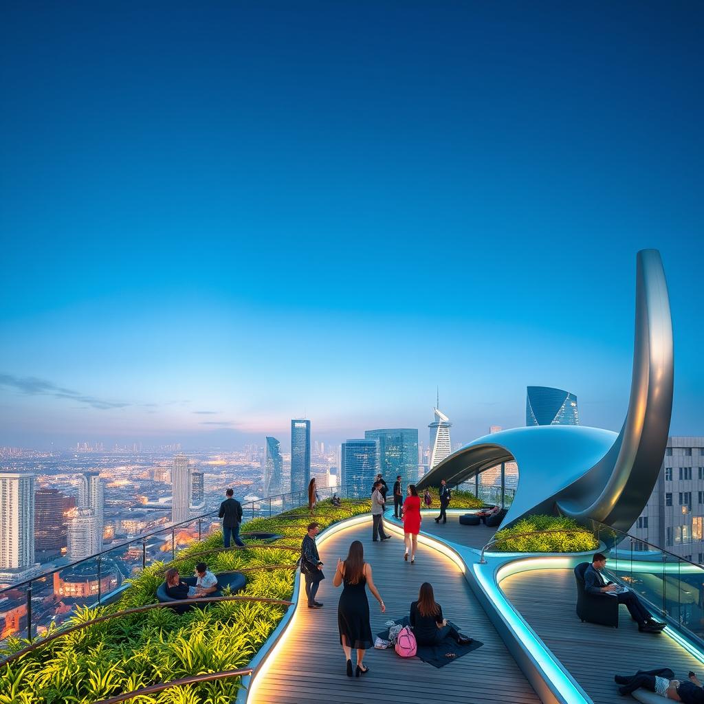 A striking image of a futuristic W deck, an advanced technological platform featuring sleek, modern architecture with metallic finishes and glass surfaces