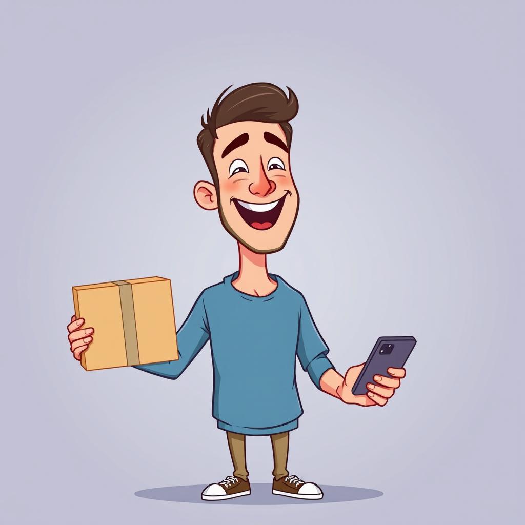 A cartoon illustration of a man shopping online, depicted with a larger head and smaller body for a humorous effect