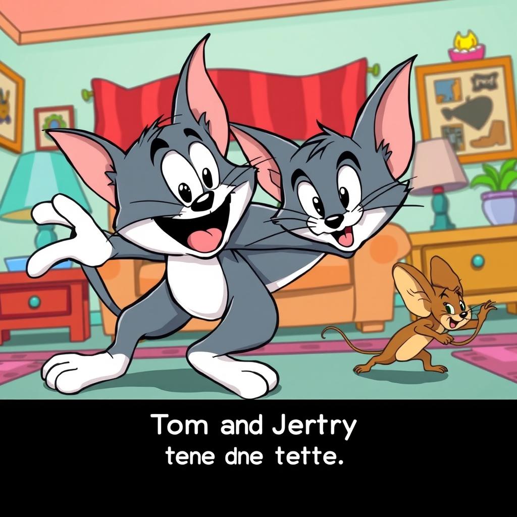 A cartoon-style illustration featuring Tom and Jerry, showcasing their classic playful chase