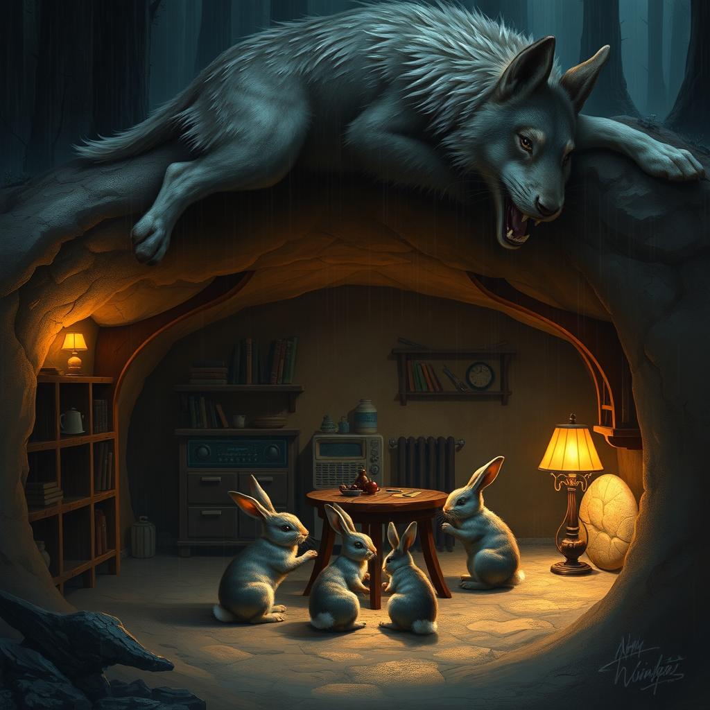 A highly realistic digital painting of an underground house where three small rabbits are gathered around a wooden table, playing together