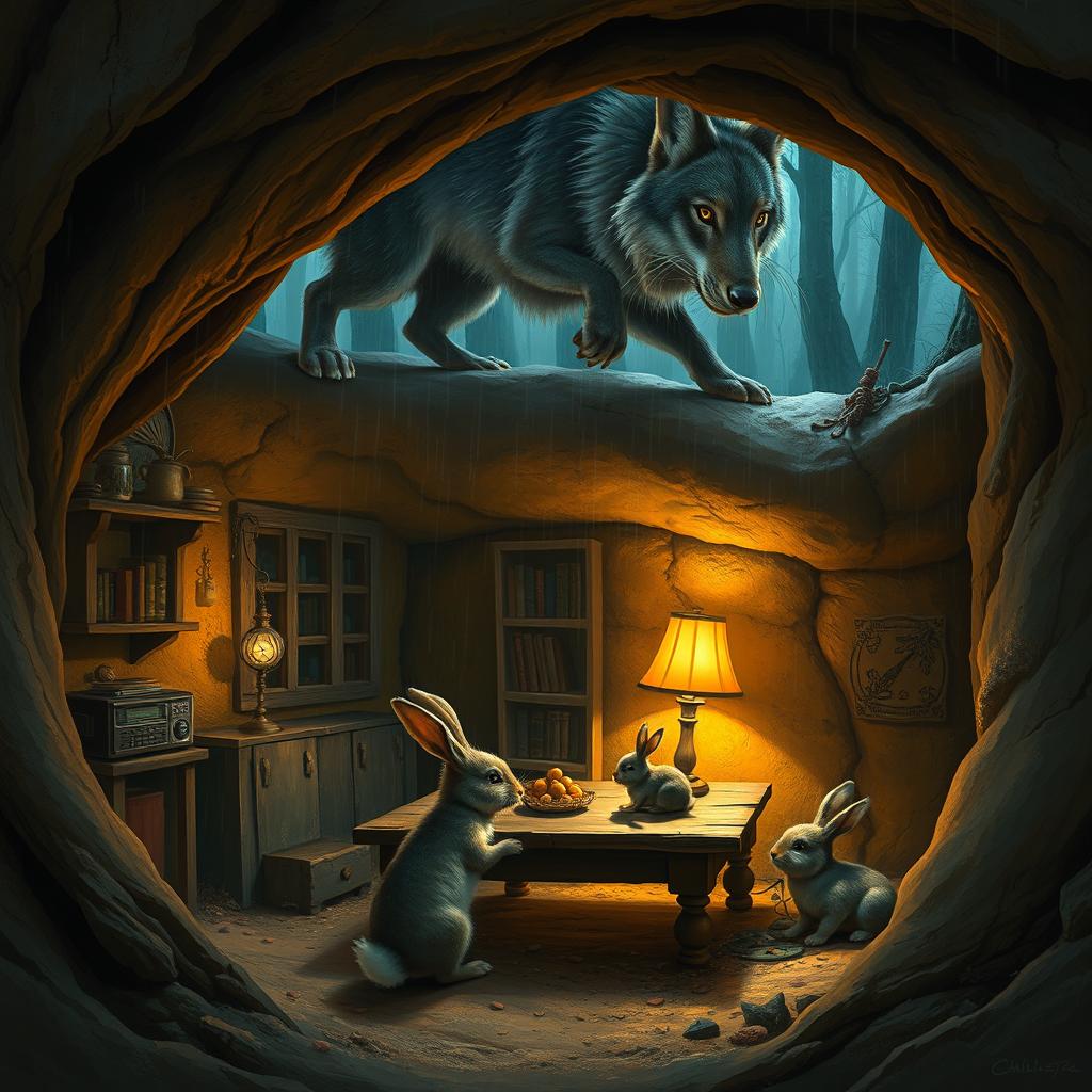 A hyper-realistic digital painting of an underground burrow where three small rabbits are gathered around a wooden table, playing