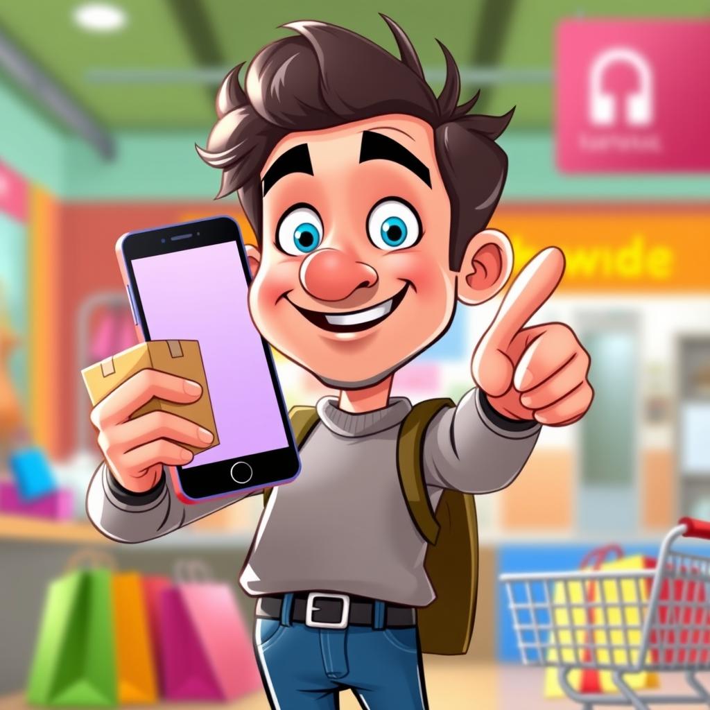 A cartoon character of a man holding a package box in his left hand and pointing a smartphone screen forward with his right hand, depicting the concept of online shopping