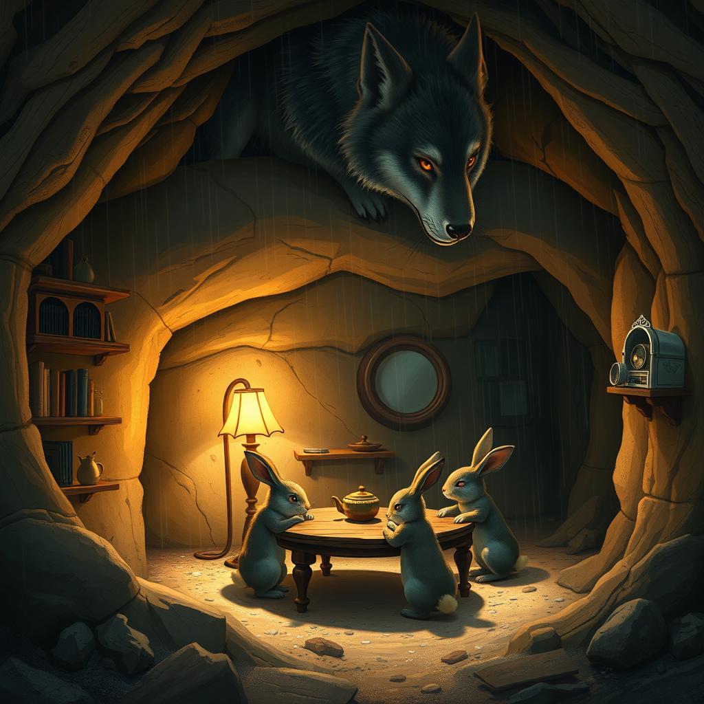 A highly realistic digital illustration of an underground burrow where three small rabbits are sitting around a wooden table playing together