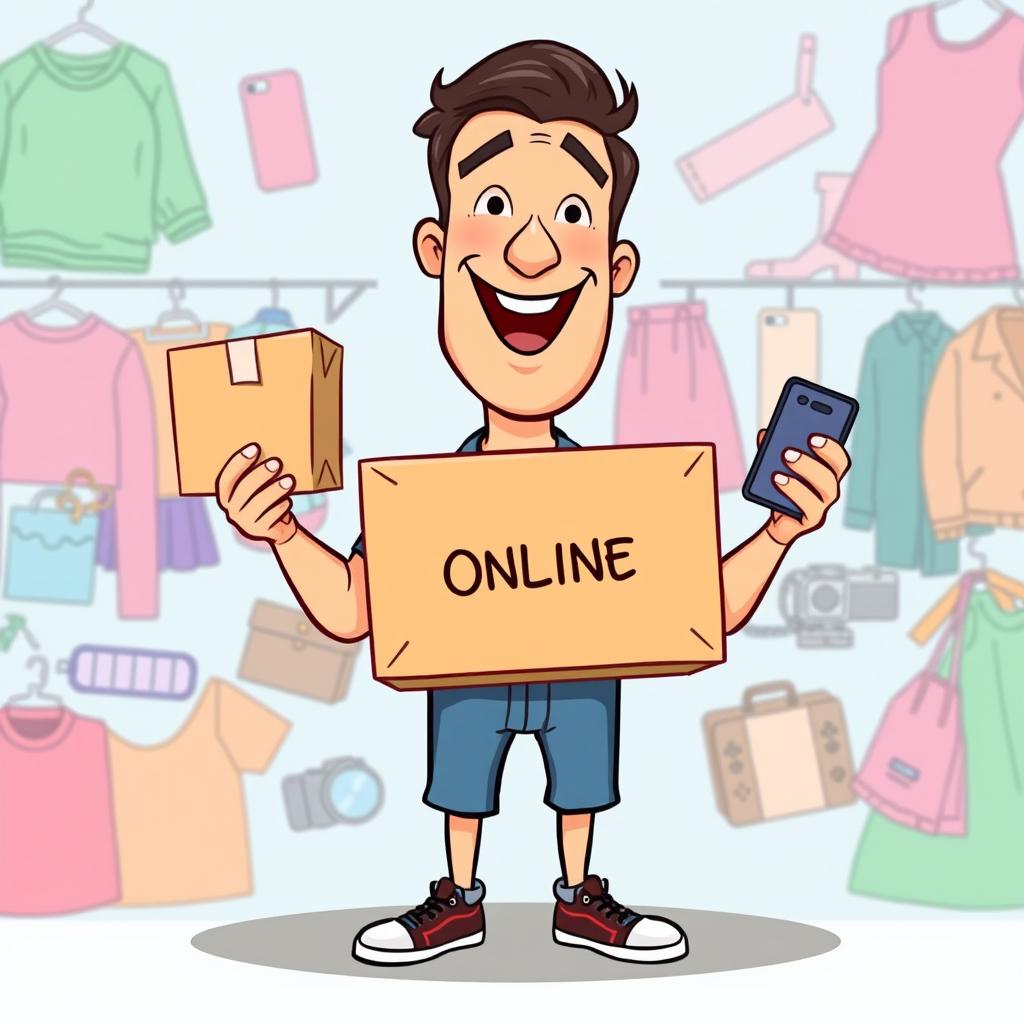 A cartoon-style illustration of a man standing and holding a package box in one hand and a smartphone in the other, symbolizing online shopping