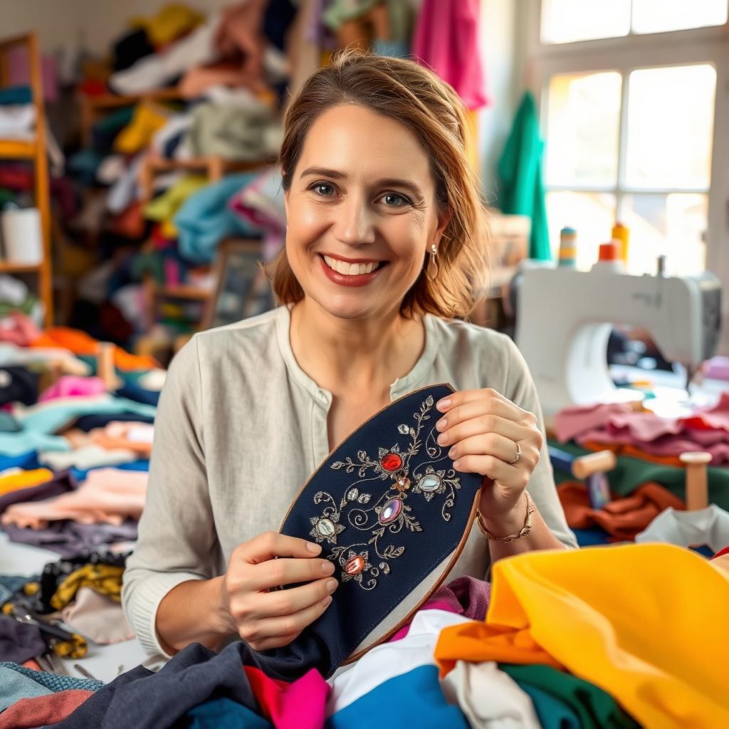 A woman in a sewing workshop, surrounded by a multitude of fabric scraps in various colors and textures