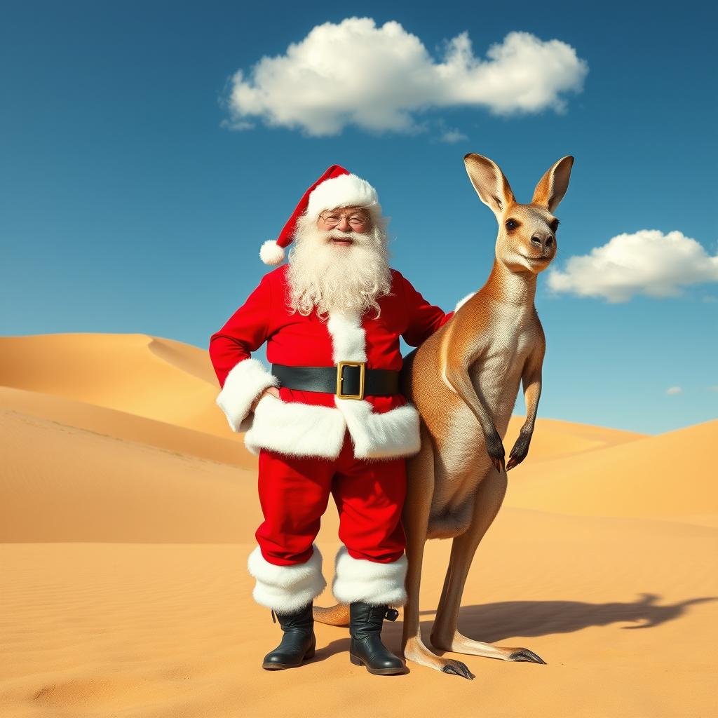 An imaginative scene featuring Santa Claus in a classic red suit with white fur trim, joyfully standing in a vast desert landscape