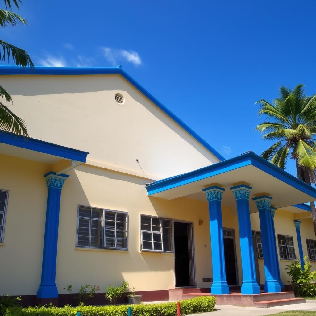 A realistic photo of a typical elementary school in the Philippines, featuring cream beige walls with decorative blue pillars