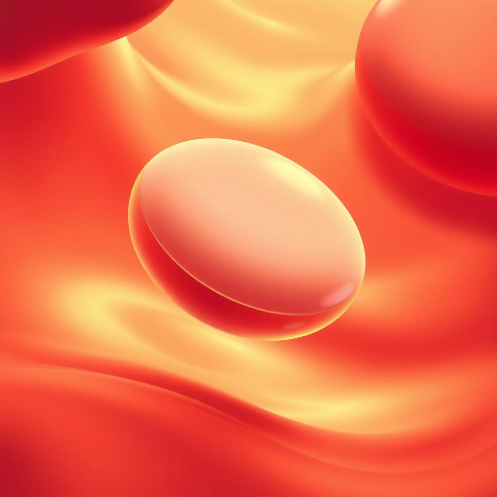 A stylized illustration of a single white blood cell, its biconcave disk shape artistically distorted as it rolls and tumbles through a fluid, crimson-hued background that resembles a flowing river of blood vessels