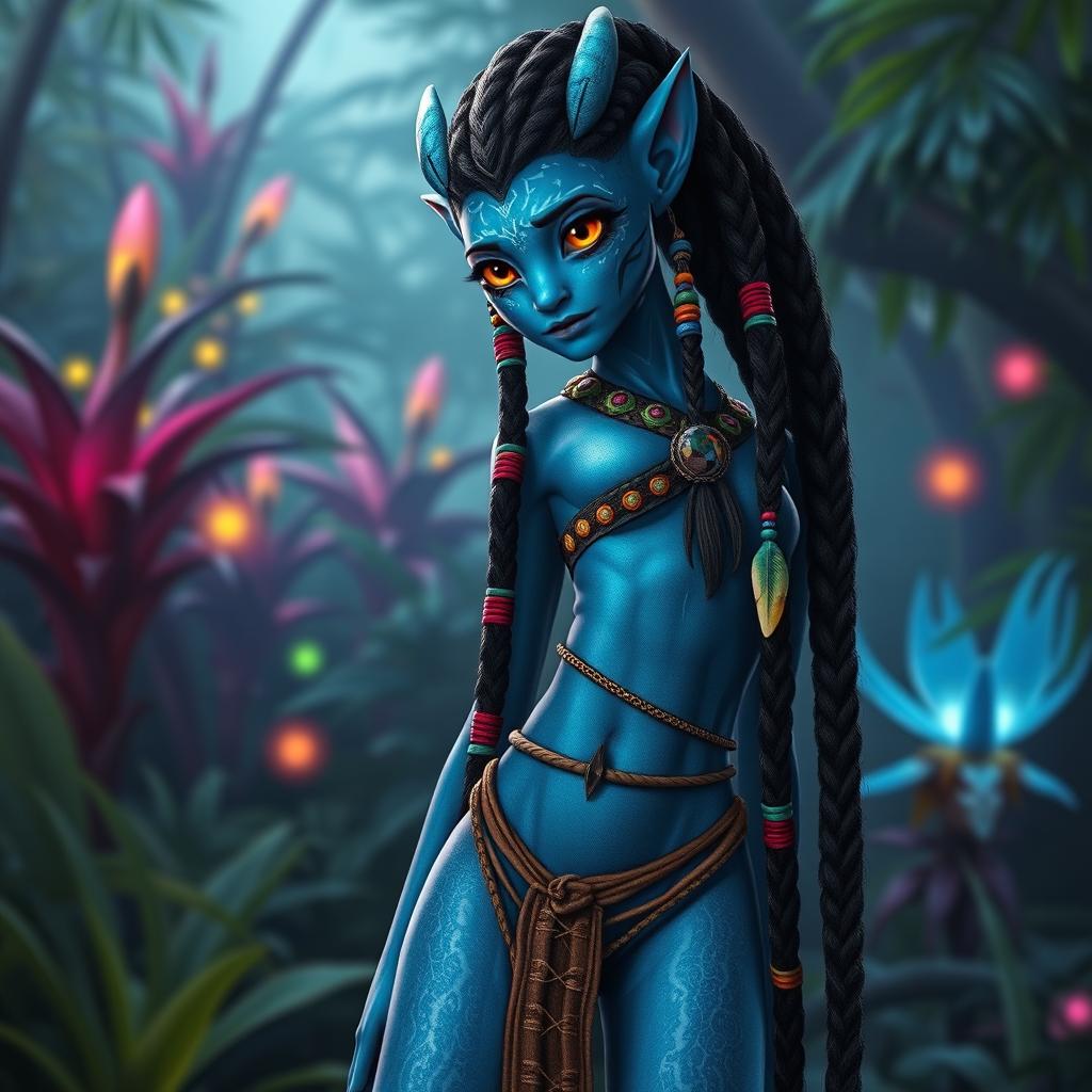 A Na'vi female character with long braided hair adorned with colorful beads and feathers intricately woven into her braids